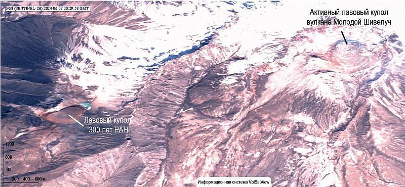 Новый лавовый купол «300 лет РАН» на спутниковом снимке Sentinel-2B от 00:29 UTC 7 июня 2024 г. Данные из ИС VolSatView. Изображение из статьи О.А. Гирина, А.Г. Маневич, E.А. Лупян, Д.В. Мельников, И.А. Нуждаев, И.А. Уваров, И.М. Романова, А.А. Сорокин, Л.С. Крамарева, А.А. Нуждаев, 2024