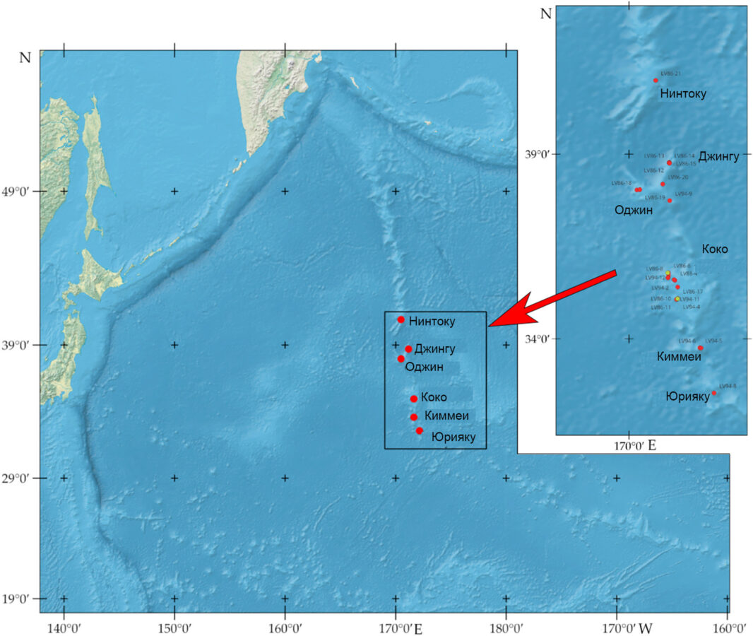 Загадочные животные: офиуры на подводных поднятиях Императорского хребта в северо-западной части Тихого океана